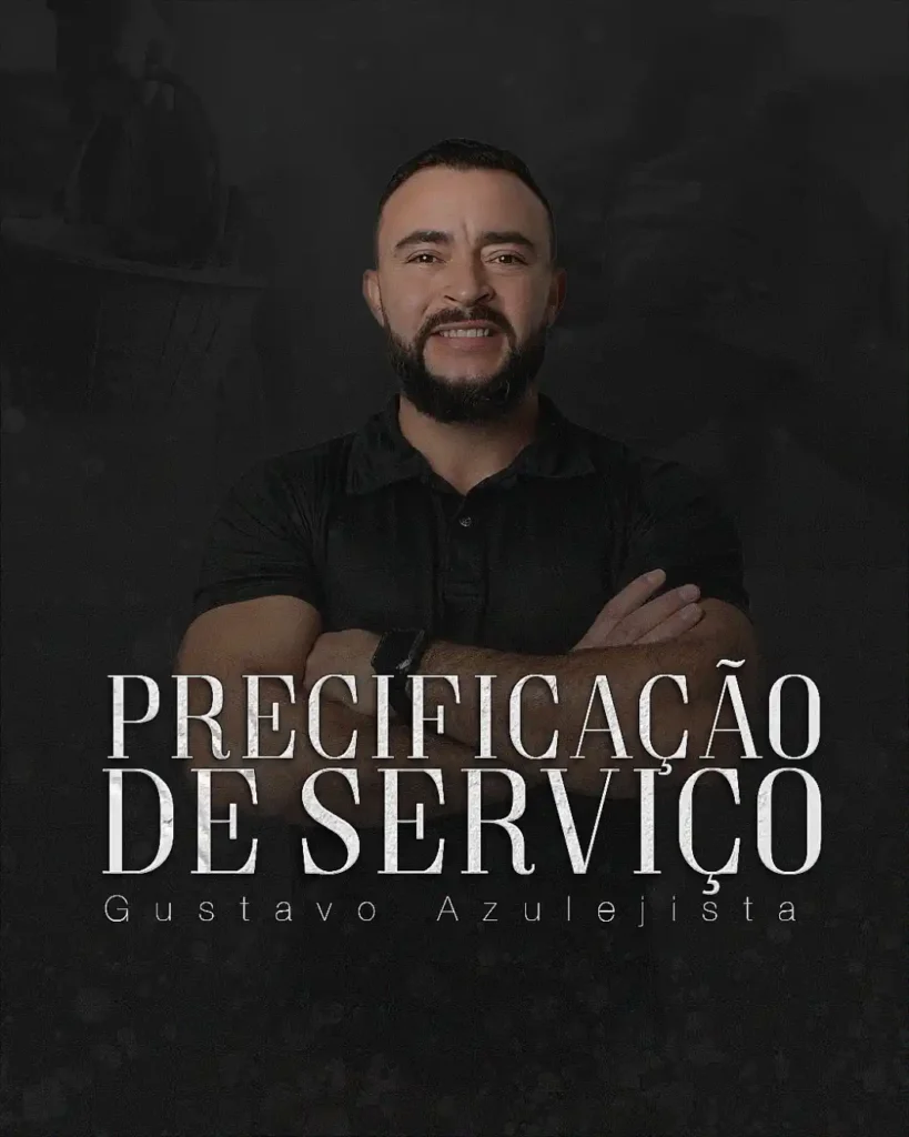 Imagem promocional com o texto “PRECIFICAÇÃO DE SERVIÇO” e “Gustavo Azevedo” sobre um retrato de um homem de barba e cabelo curto, em fundo escuro.